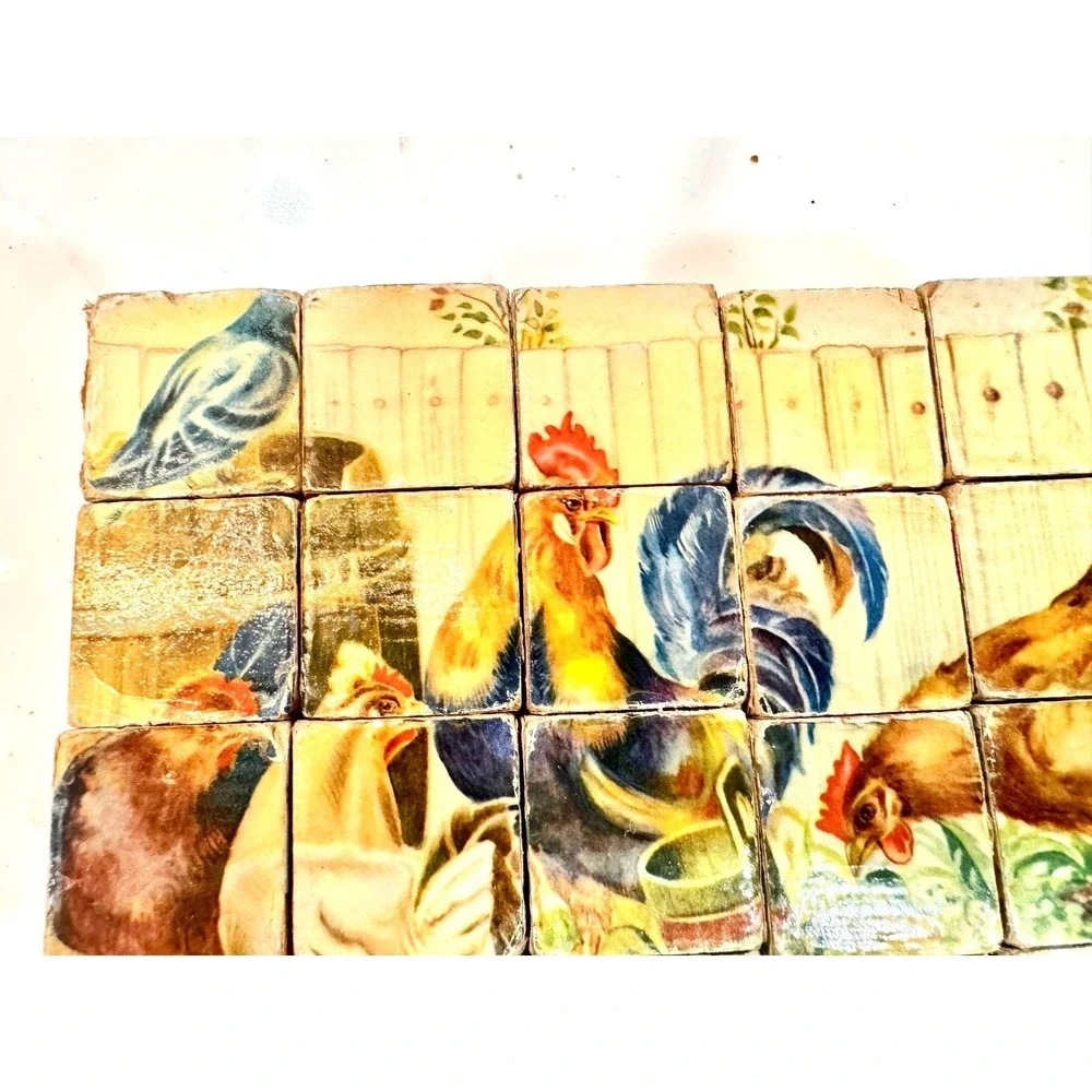 Vintage Farmhouse Wooden Picture Blocks Puzzle Chicken Horse Kitten‎ Cottagecore